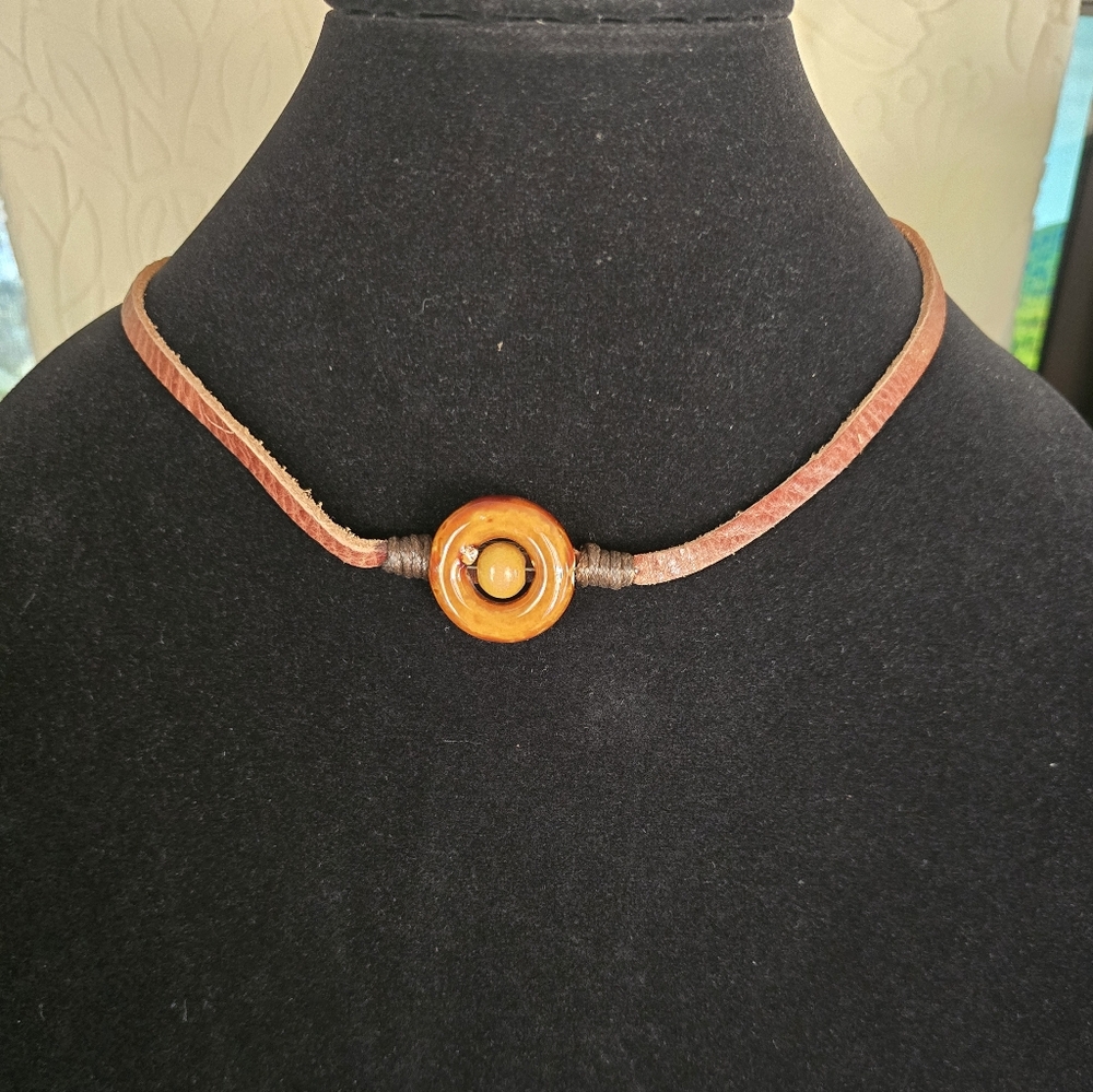 Rustic Brown Leather Cord Necklace Artisan Style Wooden Pendant Boho